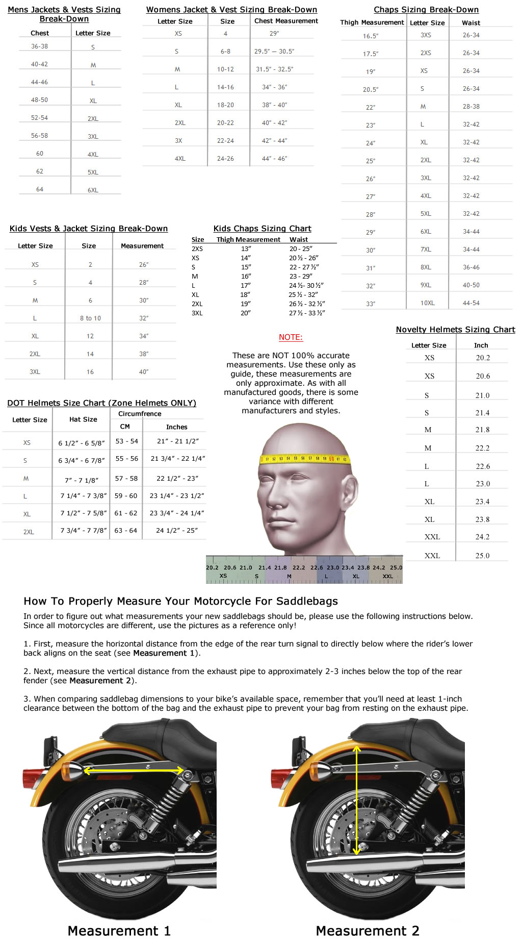 Sizing Chart Break Down For DealerLeather Wholesale Products